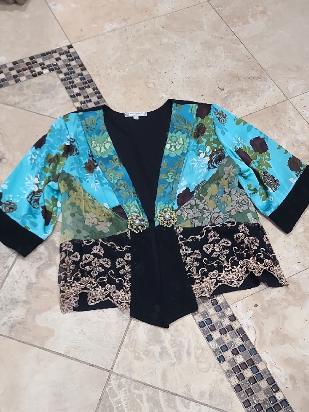 Embellished Floral Patchwork Camisole Jacket - Turquoise - Picture 4 of 6